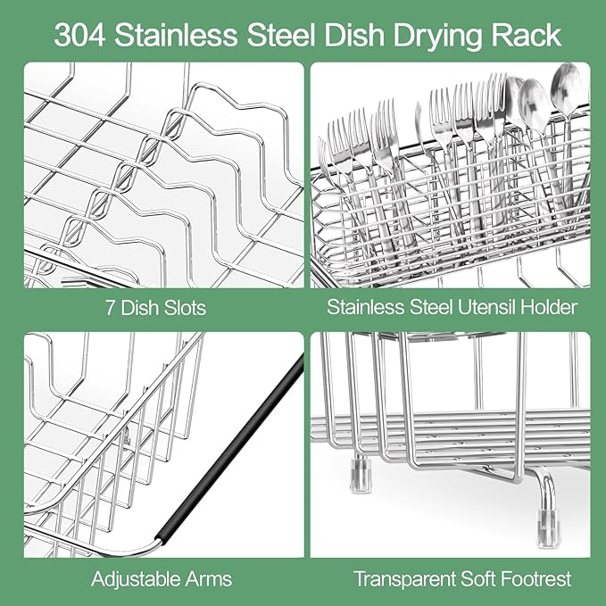 Large Dish Drainer Rack in Sink Adjustable, Expandable 304 Stainless Steel Metal Dish Drying Rack Organizer with Stainless Steel Utensil Holder Over Inside Sink Counter, Rustproof