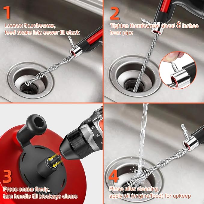 50FT Drain Snake for Clog Removal, Drill Powered & Manual Auger, 1/4 Inch Plumbing Snake for Kitchen Sink, Shower & Bathtub Drain, Hair Clog Remover Tool with Gloves & Storage Bag