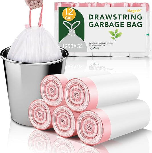 1.2 Gallon Trash Bags Drawstring for Bathroom - Magesh 125 Count Mini Small Garbage Bag Unscented Strong Thick Plastic Trash Can Liners for Toilet Home Office and Bedroom