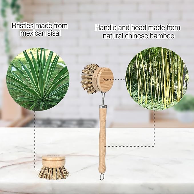 Bamboo Dish Scrubber with Handle - Hard Bristle, Natural Dish Brush, Sustainable & Biodegradable, Kitchen Scrub Brush for Dishes, Iron POTS, Baking Trays, Barbecue Grills