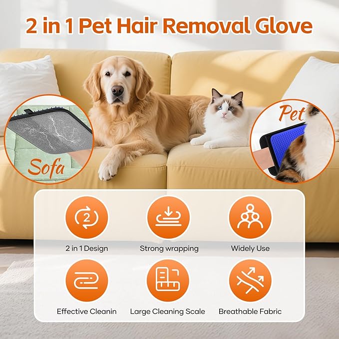 2 in 1 Pet Hair Removal Glove, Upgraded Pet Hair Remover Tool, Gentle Shedding Silicone Magic Brush for Dogs & Cats, Efficient Pet Hair Gloves for Couch Carpet Clothing (Blue)