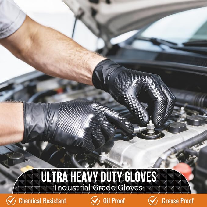 10 Mil Diamond Textured Nitrile Gloves, Heavy Duty Disposable, Extra Thick, Latex & Powder Free, Chemical and Puncture Resistant, Ideal for Auto Repair, Cleaning, Painting, X-Large