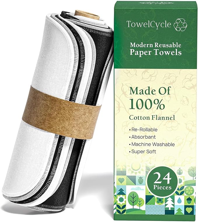 Reusable Paper Towels (24 Pack) - 100% Cotton Hand Towels for Kitchen - Zero Waste Cleaning Cloths - Washable Paper Towels - Reusable Napkins Paper Towel Alternative - Eco Friendly Gifts