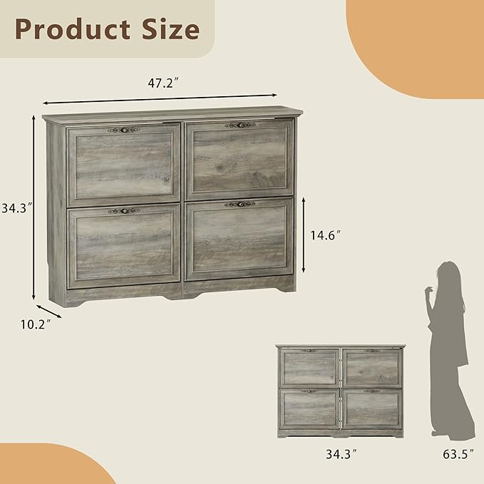 Large Shoe Cabinet for Entryway, 4 Flip Drawer Organizer with Adjustable Shelves, Wooden Slim Shoe Storage Cabinet and Rack for Closet, Hallway, Foyer