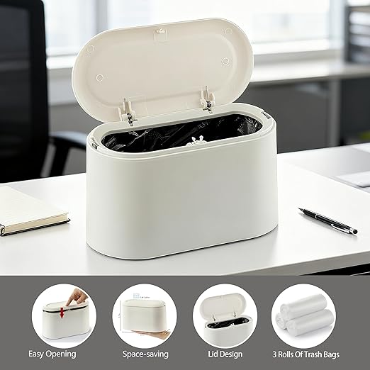 Mini Trash Can for Desk, Tiny Plastic Countertop Garbage Can with Lid, Easy to use and Keep Desktop Clean for Vanity, Bedside, Bathroom and Kitchen with 3 Rolls Trash Bags