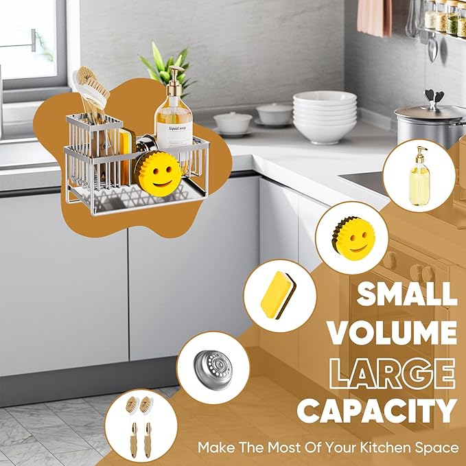 Sponge Holder for Kitchen Sink,Smiley Face Sink Caddy with Removable Brush Holder,Self-Draining Sponge Caddy for Soap,Dish Brush,Scrubber,Kitchen Essentials and Gadgets-Silver