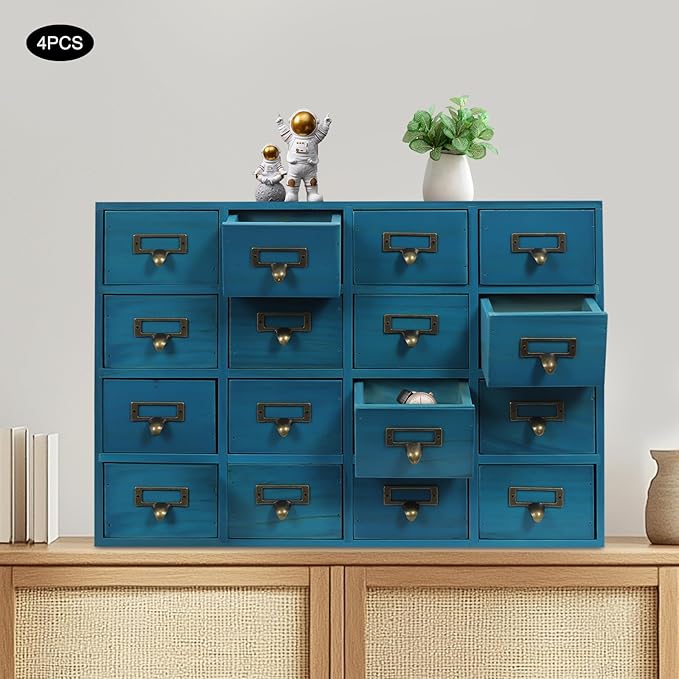 4PCS Card Catalog Desk Drawer Organizer,Wooden Vintage Apothecary Cabinet with 16 Drawers,Library Card Catalog Cabinet for Bedroom Home Office