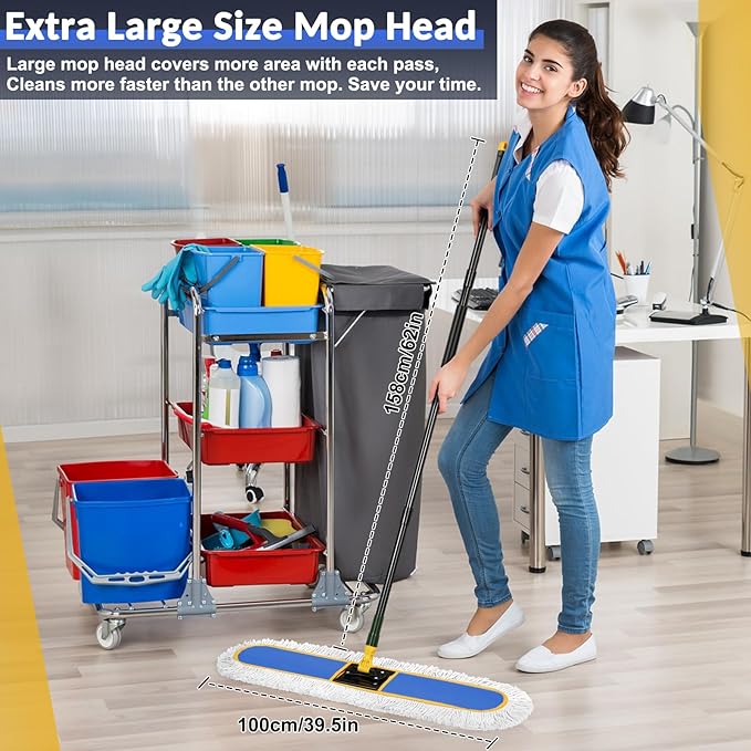 36" Commercial Industrial Dust Mop for Floor Cleaning with Replacement Mop Pads, Heavy Duty Wet Dry Large Mops for Cleaning Floor Office Garage Hardwood Warehouse Factory Mall (Blue, 36 inch mop)