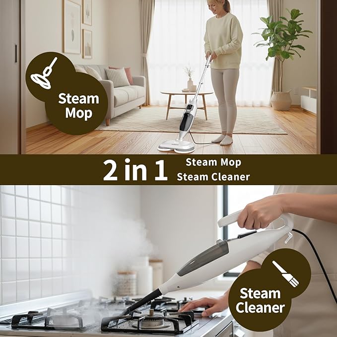 Scrub and Steam Mop with 13 Accessories,Floor Scrubber Spin Mop for Hard Floors Deep Cleaning,Washable Mop Pads for Home,550ml Capacity,Chemical-Free Deep Clean & Sanitize with High Temperature