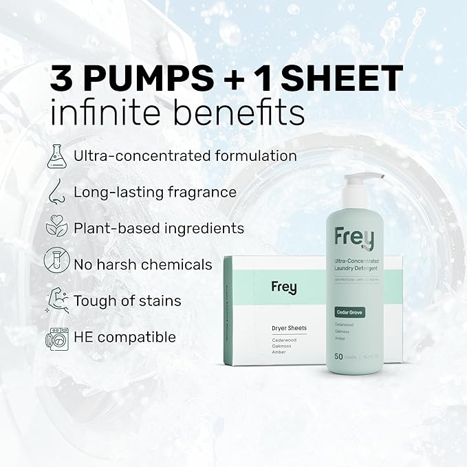 FREY Classic Laundry Bundle – Concentrated Liquid Detergent (Up to 50 Loads) + Dryer Sheets (30 Sheets) – Plant-Derived Formulation, HE Compatible (Cedar Grove)