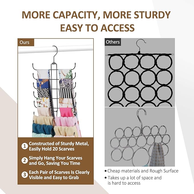 ZEDODIER Scarf Organizer Scarf Hanger for Closet, Rotatable Sturdy Hijab Holder Holds 20 Scarves, Space Saving Closet Organizers and Storage, Black