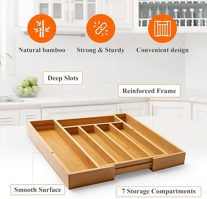Large Bamboo Kitchen Utensil Drawer Organizer Expandable Flatware Silverware Tray Adjustable Cutlery Drawer Organizer Divider Insert Wood Silverware Utensil Holder Tray Spoon and Fork Organizer