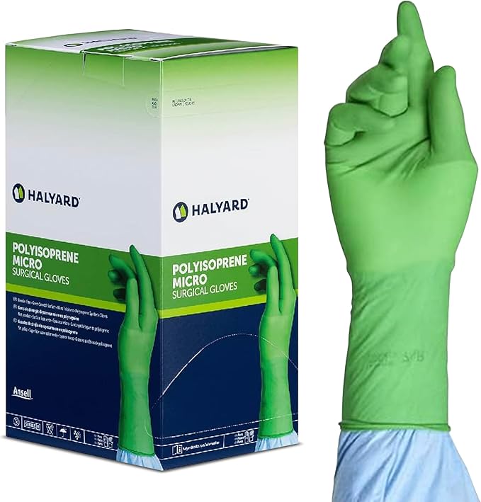 HALYARD Micro Surgical Gloves Sterile Polyisoprene Individually Wrapped Pairs Powder Free Medical Disposable Gloves, 7.9 mil, Size 9.0 XL, Green, SGL90090 (Box of 50 Pairs - 100 Total)