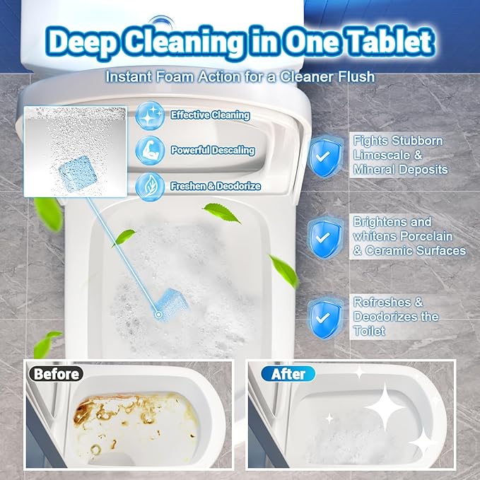 18 Pack Toilet Bowl Cleaner, 12pcs Blue Toilet Bowl Tablets + 6pcs Foam Bathroom Bleach Cleaners Tablets, 2:1 Automatic Toilet Bowl Cleaner For Deodorizing&Stain Removal(18pack,Blue)
