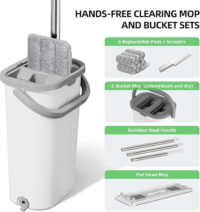 Wall Mop and Bucket Set: Wringing Wall Scrubber for Bathroom Cleaning Floor Mop with Spinner for Kitchen Lovely Gift for Women 6 Reusable Pads