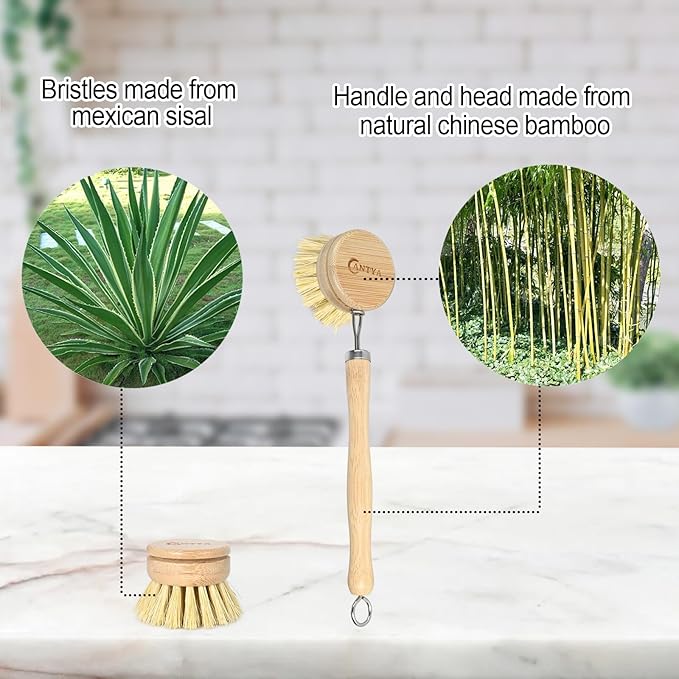 Bamboo Dish Brush with Handle - Soft Bristle, Eco-Friendly Vegetable Brush, Compostable & Sustainable, Bamboo Dish Scrubber for Cleaning Kitchen Utensils