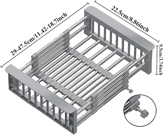 Large Dish Drying Rack - Extendable Dish Rack, Multifunctional Dish Rack for Kitchen Counter, Anti-Rust Dish Drainers with Cutlery and Cup Holders (Grey)