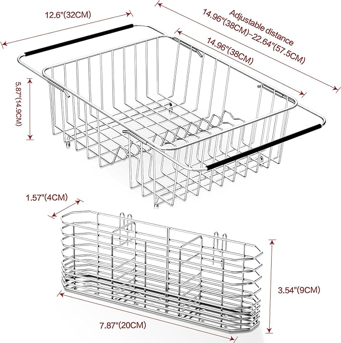Large Dish Drainer Rack in Sink Adjustable, Expandable 304 Stainless Steel Metal Dish Drying Rack Organizer with Stainless Steel Utensil Holder Over Inside Sink Counter, Rustproof