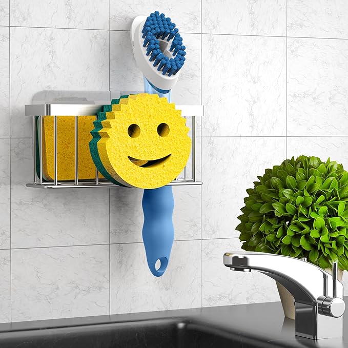 Sponge Holder Smiley Face,Sink Caddy for kitchen Sink,Sponge Holder with 2 PCS Suction Cups/1 PCS Adhesive Strips,Designed for Sponge,Soap,Dish brush,Scrubber-Silver