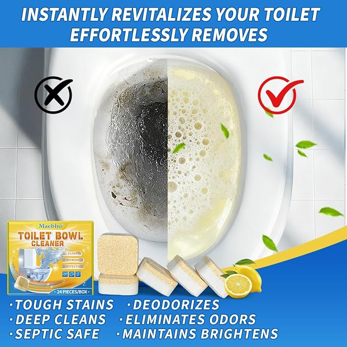 Toilet Bowl Cleaner Tablets 24 Pack - Stain Remover & Deodorizer, Septic Safe Eco Friendly Toilet Bowl Tablets for Continuous Cleaning, Long-Lasting Fresh Scent