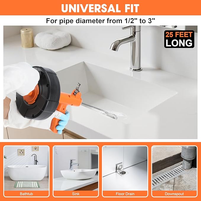 Drain Snake, Drain Auger with Drill Attachment, 25 Feet Plumbing Snake Auto Feed Flexible Hair Drain Clog Remover for Kitchen, Bathrom and Shower Sink with Gloves