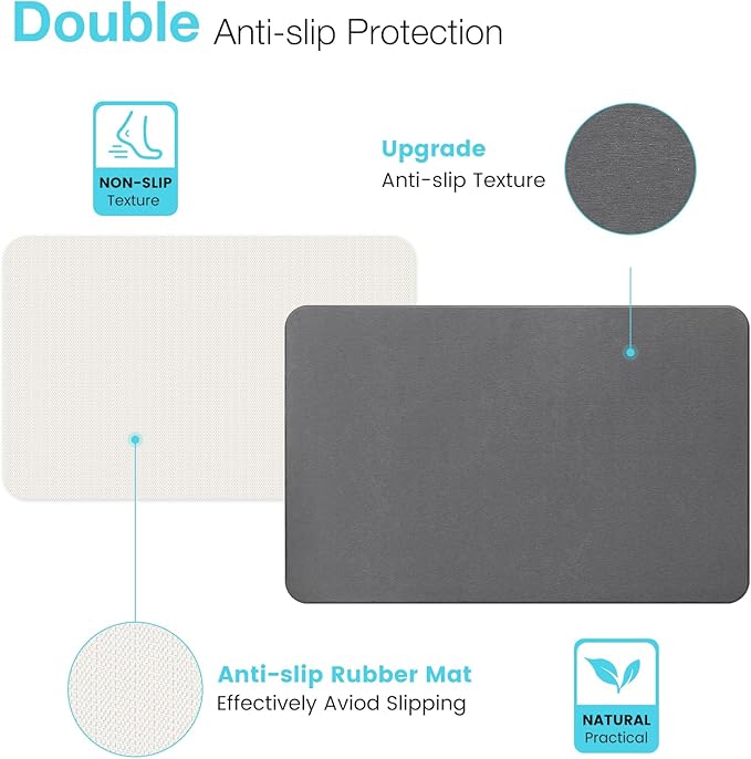 Diatomite Stone Bath Mat, Premium Non-Slip Natural Diatomaceous Earth Bathtub Fast Drying Mats for Bathroom Floor (23.6" x 15.4" Dark Grey)