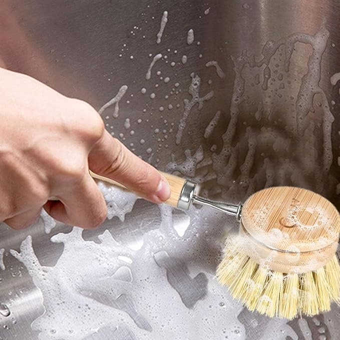 Bamboo Dish Brush with Handle - Soft Bristle, Eco-Friendly Vegetable Brush, Compostable & Sustainable, Bamboo Dish Scrubber for Cleaning Kitchen Utensils