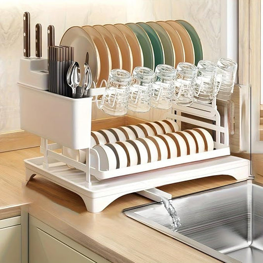 BCWW 2-Tier Dish Racks for Kitchen Counter, Multifunctional Dish Drying Rack, Large Capacity Metal Kitchen Dishes Drying Rack Plate Organizer for Bowls/Cups/Bottles (White)