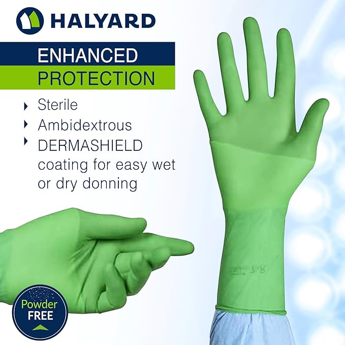 HALYARD Micro Surgical Gloves Sterile Polyisoprene Individually Wrapped Pairs Powder Free Medical Disposable Gloves, 7.9 mil, Size 9.0 XL, Green, SGL90090 (Box of 50 Pairs - 100 Total)
