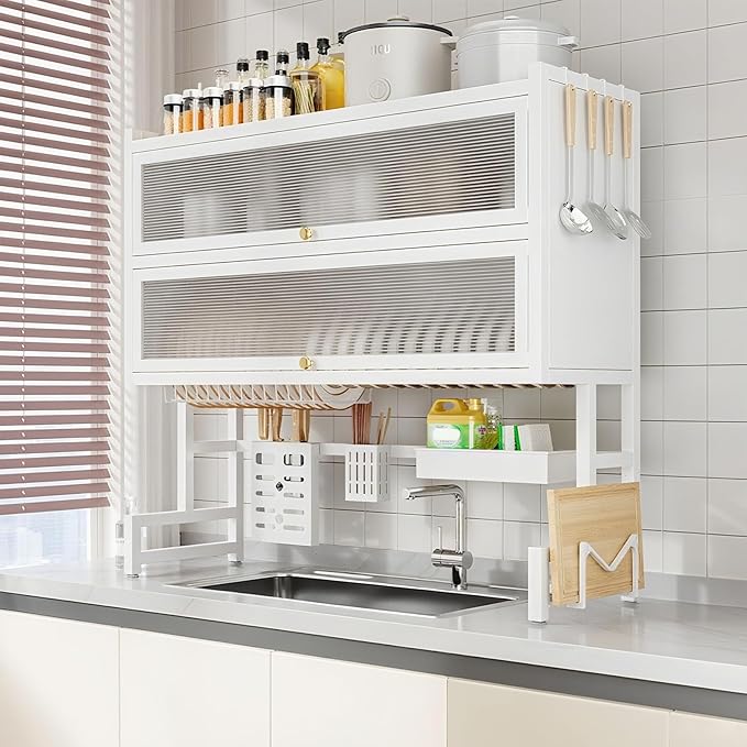 Over The Sink Dish Drying Rack Space-Saving 3 Tier with Cover Dish Rack with Dustproof Cover and Knife Holder Large Capacity Kitchen Organizer for Plates, Bowls, and Pots(White,75cm)