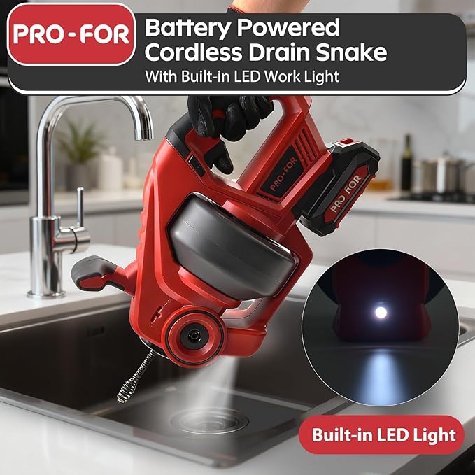 20V Cordless Electric Drain Auger, 25Ft Auto-Feed Drain Snake, Replaceable Cable, 2.0Ah Battery & Charger, LED Light, Clog Remover for Sink, Shower, Kitchen, Bathroom Pipes (3/4"-2")