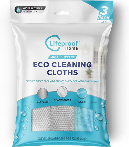 Lifeproof Streakless Microfiber Eco Cleaning Cloth Set - Effortlessly Cleans Stainless, Glass & Stone with Only Water - 3 Pack Set