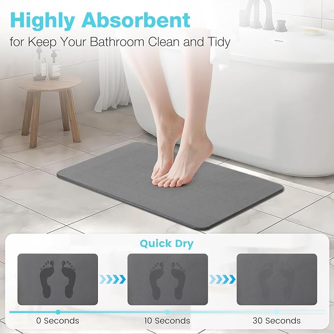 Diatomite Stone Bath Mat, Premium Non-Slip Natural Diatomaceous Earth Bathtub Fast Drying Mats for Bathroom Floor (23.6" x 15.4" Dark Grey)