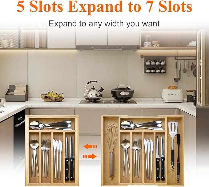 Large Bamboo Kitchen Utensil Drawer Organizer Expandable Flatware Silverware Tray Adjustable Cutlery Drawer Organizer Divider Insert Wood Silverware Utensil Holder Tray Spoon and Fork Organizer