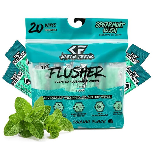 THE KLEAN FREAK FLUSHER - Flushable Wipes For Adults & Kids - 100% BIODEGRADABLE Individual Wrapped Travel WET Wipe for Toilet - Soothing Aloe & Witch Hazel - Alcohol Free 20 Pack - Spearmint Rush