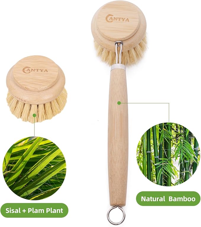 Bamboo Scrub Brush with Handle - Soft Bristles, Non Toxic Dish Brush, Compostable & Biodegradable, Bamboo Dish Scrubber for Cookware, Bowls and Plates, Non-Stick Pans
