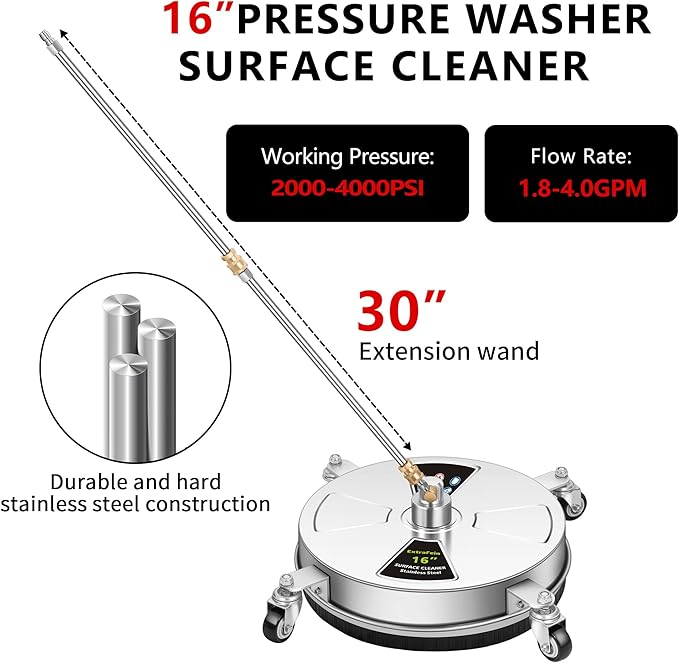 16" Pressure Washer Surface Cleaner Pro with 4 Wheels, Stainless Steel 2 Extension Wands, Power Washer Surface Cleaner Hot Water Supported for Patio Decker Concrete Driveway, 3000 PSI