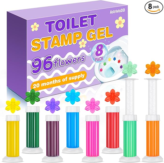 8 Pack Toilet Gel Stamp, 96 Stamps 8 Kinds Of Scent Toilet Bowl Cleaner Gel, Long-Lasting Flowers Shaped Bathroom Freshener, Keeps Toilet Fresh Fragrant and Clean