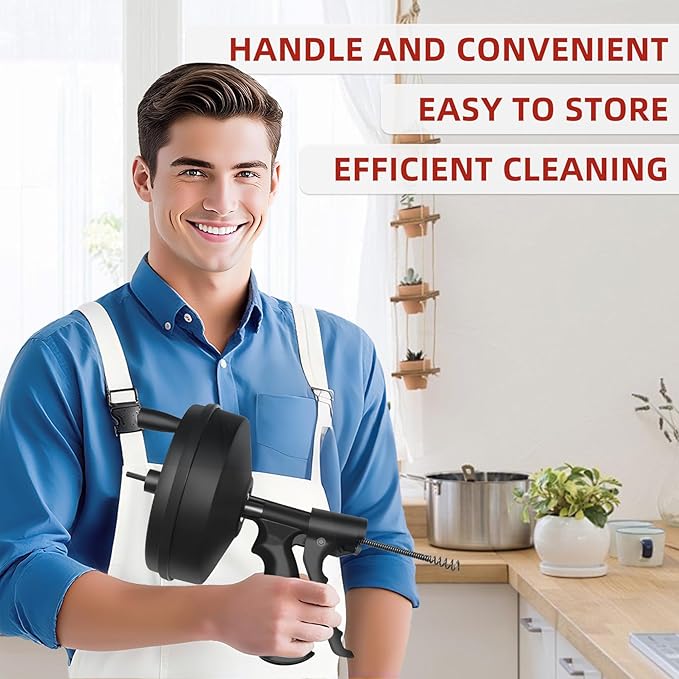 Drain Clog Remover - Fast Unclog Snake | Manual/Drill Powered for Kitchen Sink, Bathtub | Heavy Duty w/Gloves +Storage Bag (Black) (35FT)