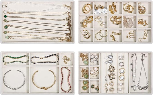 Stackable Jewelry Organizer Trays with Removable Dividers, 4-Tray Beige Jewelry Drawer Organizer Set for Earrings, Necklaces, Rings & Bracelets Gift for Her