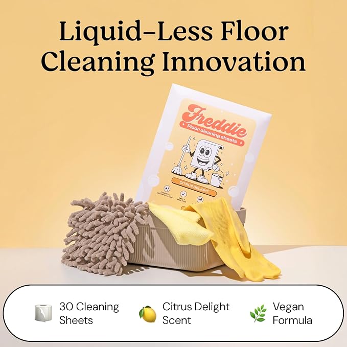 Freddie Floor Cleaning Sheets - Citrus Delight Scent - Plastic Jug-Free - Multi-Surface Cleaner for Hardwood Tile Vinyl - 60 Uses (30 Sheets)