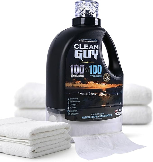 Clean Guy Laundry Detergent with Dryer Sheets | Unscented & Gentle, Sensitive Skin Safe, Deep Cleaning Power, Softens Clothes Without Fragrance - Free & Clear (100 Loads PLUS 100 Dryer Sheets)