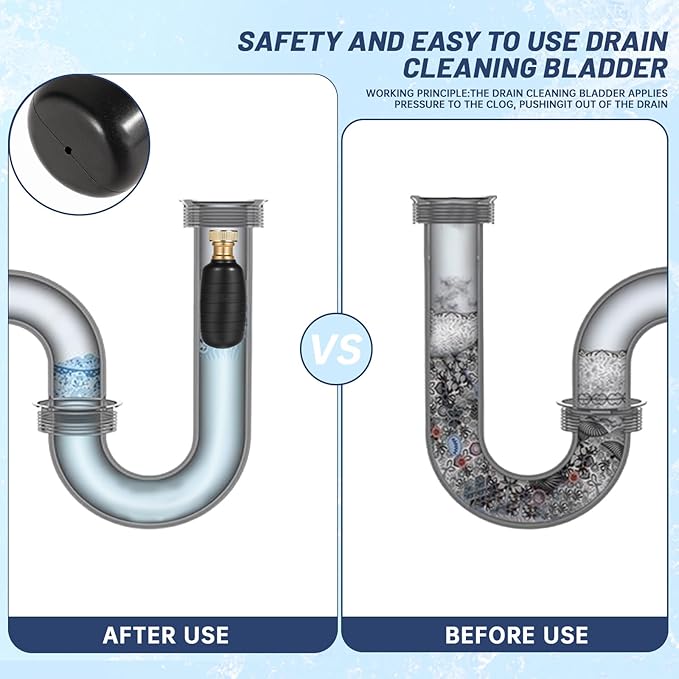 Drain Bladder Kit, Drain Cleaning Bladder With Water Stop Valve Faucet Adapter And 16 3/8ft Garden Hose, Drain Blockage Unclog Kit For Bathroom Drains Kitchen Sinks, Fit 1.5 To 3 IN Drain Pipes