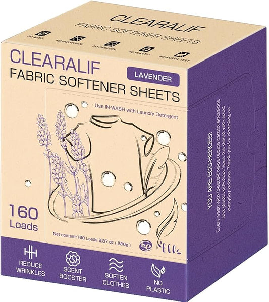 CLEARALIF laundry Fabric Softener Sheets, Lavender Scent, 160 Loads, Eco Friendly, Great For Travel, Apartments, Dorms.