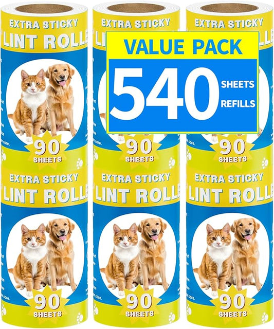 Lint Rollers Refills for Pet Hair Extra Sticky 540 Sheets Portable Pet Lint Remover for Clothes, Furniture, Carpet, Dog and Cat Hair Removal