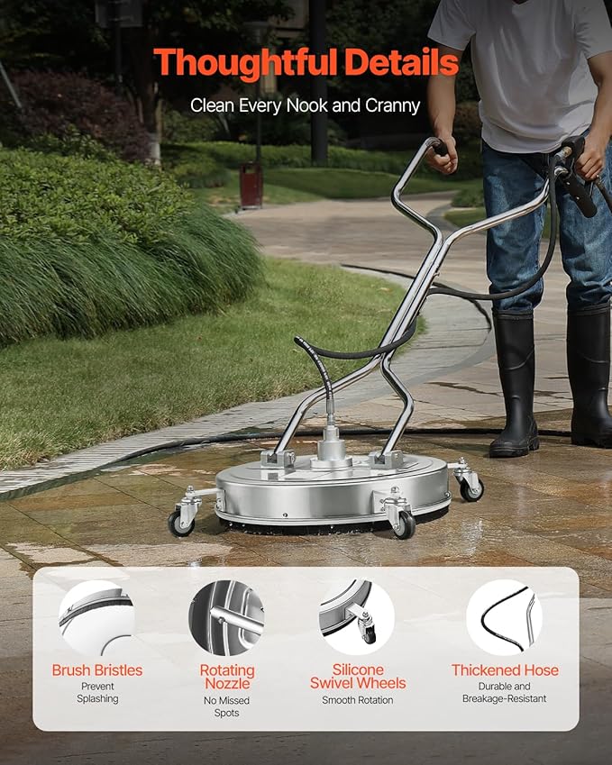 VEVOR 22" Pressure Washer Surface Cleaner, Stainless Steel Pressure Washer Attachments with 4 Wheels, 4500 Max PSI, 3/8 Quick Connector, 2 Spray Nozzles, Dual Handle, for Concrete, Patio, Sidewalk