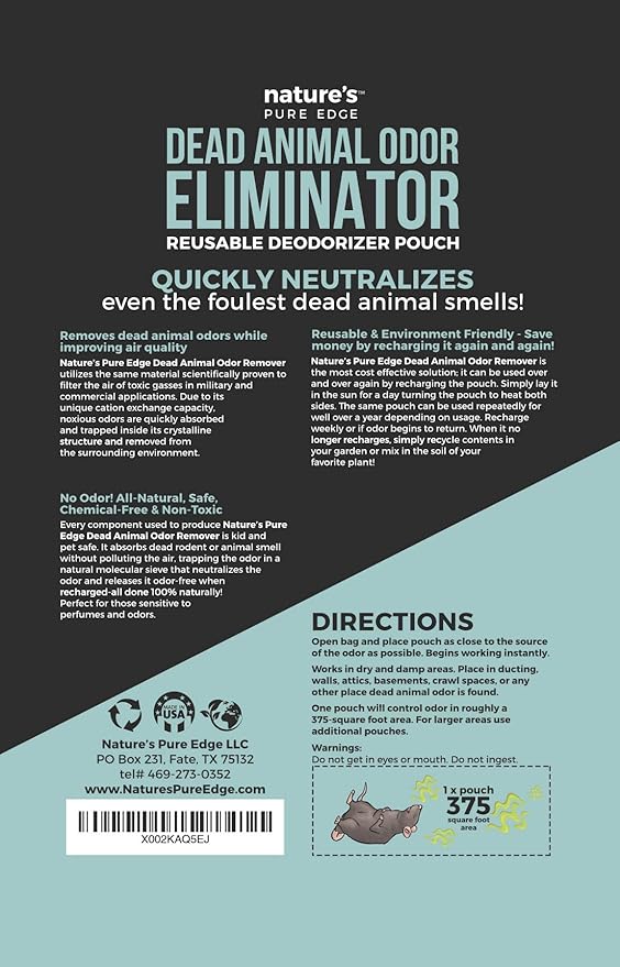Dead Animal Smell Eliminator Pouch – Fragrance-Free Activated Charcoal Odor Absorber With Specialized Zeolite– Attics, Walls, Crawlspaces. For After Cleanup. Pet & Kid Safe, XL, Covers 375 Sq Ft