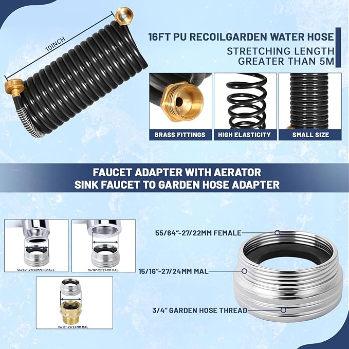 Drain Bladder Kit, Drain Cleaning Bladder with Water Stop Valve Faucet Adapter and 16 3/8ft Garden Hose, Drain Blockage Unclog Kit for Bathroom Drains Kitchen Sinks, For 1 To 6 IN Drain Pipes