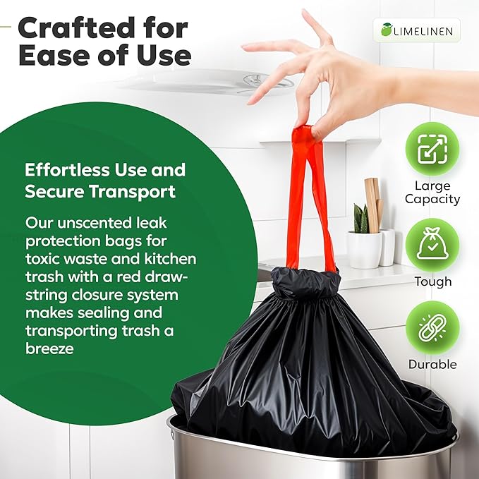 LIMELINEN 30 Gallon Garbage Trash Bags, 200 Count, 1.2 mil Extra Thick Trash Bags with Drawstring Closure, Leak and Odor-Resistant Large Plastic Bags For Office, Home, Hospital, Big Waste Binst