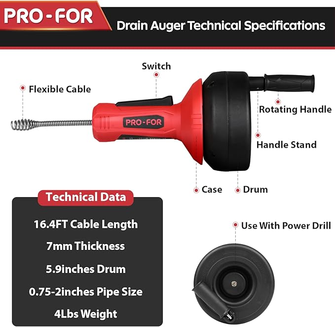 Drain Auger, 16.4FT Plumbing Snake Drain Clog Remover, Manual & Drill Powered Drain Snake for 0.75–2 Inch Pipes, Sink, Shower, Bathtub, Toilet, Kitchen Drain Cleaner Tool with Steel Cable